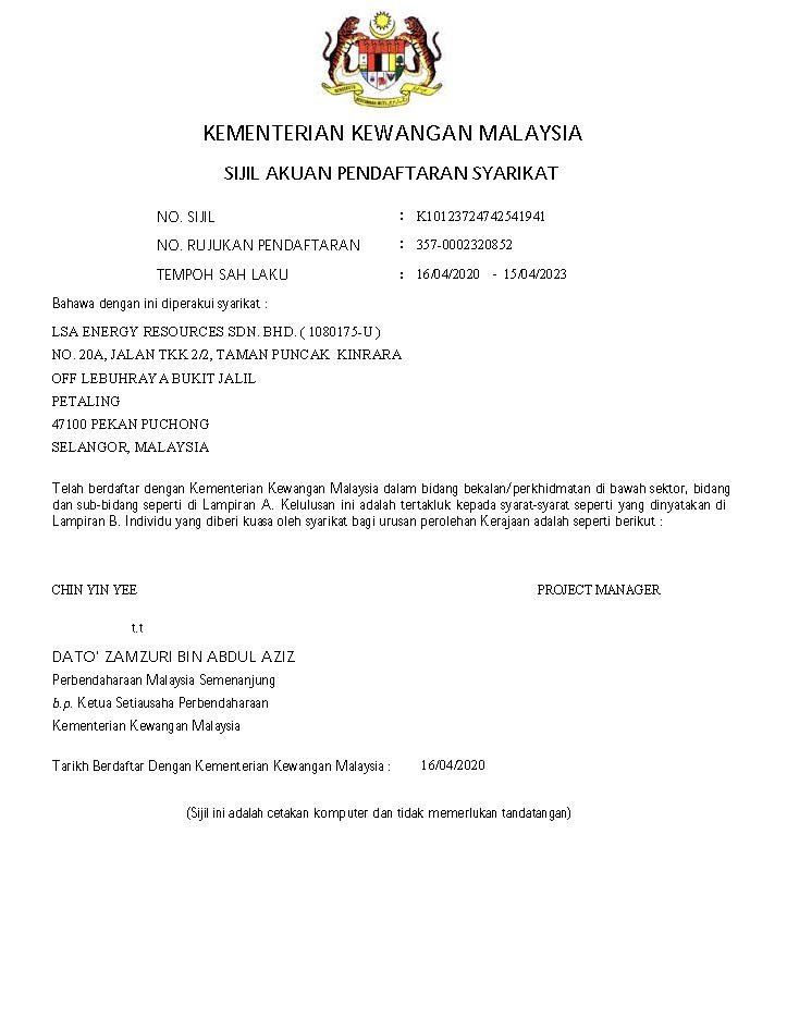 We are Ministry of Finance (MOF) Registered Company for Mechanical, Electrical and Gas Services