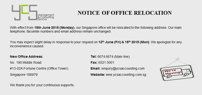 NOTICE OF OFFICE RELOCATION (SINGAPORE OFFICE) - YCS 