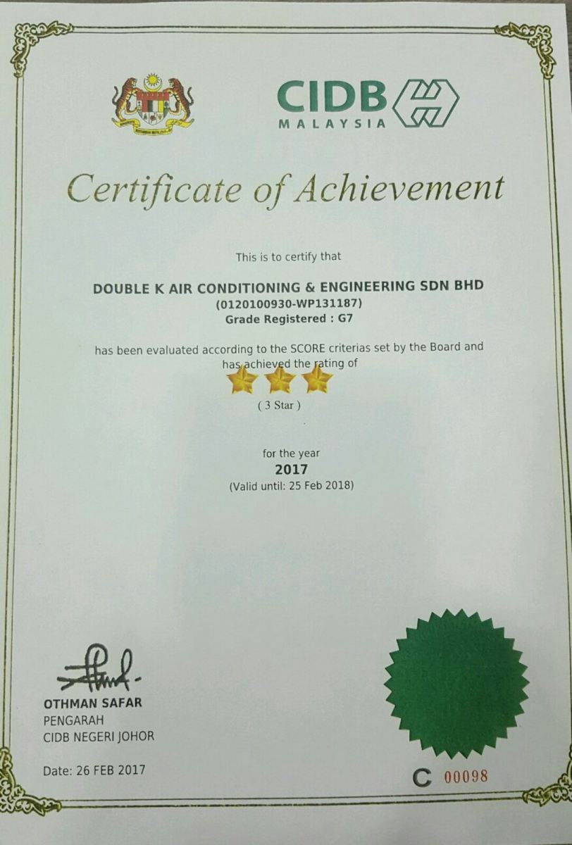 Certificate of Achievement from CIDB -Good management and technical capabilities,compliance to best practices and good project management.