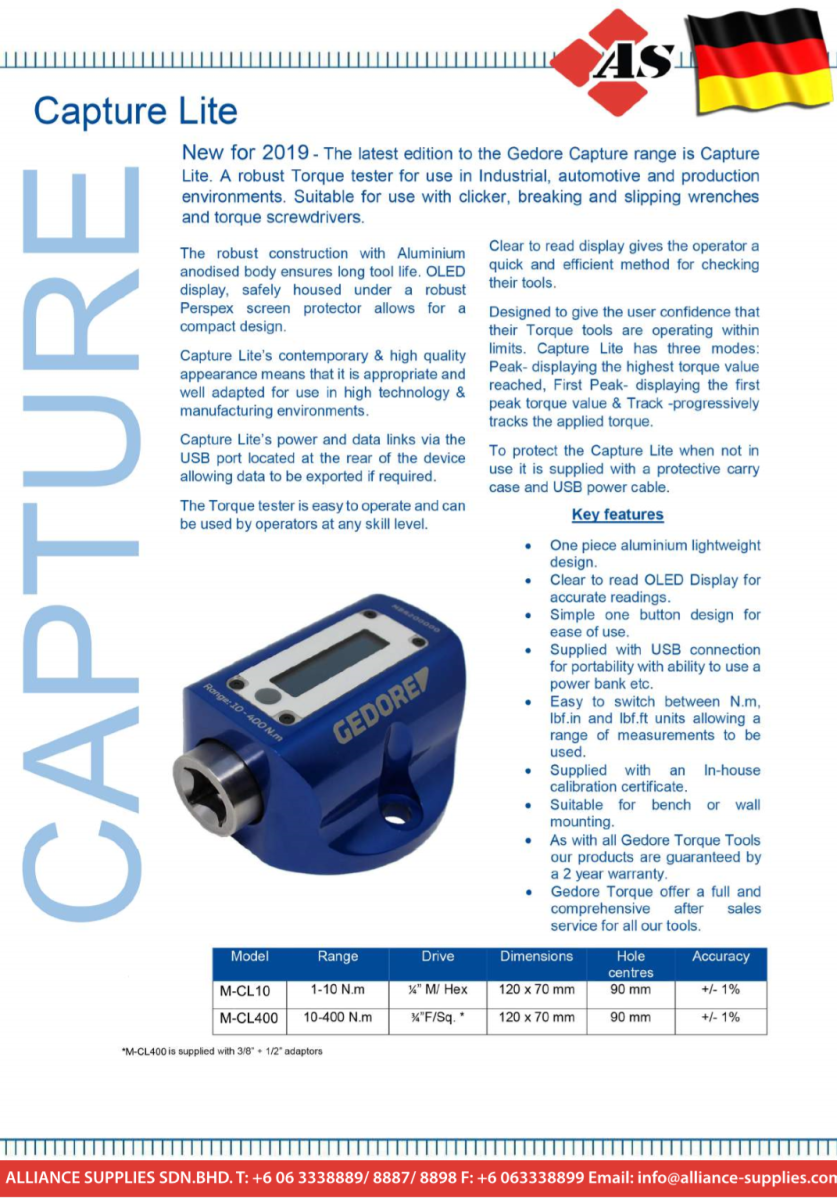 GEDORE Lightweight Torque Tester, Capture Lite, Range:1-10Nm & 10-400Nm.