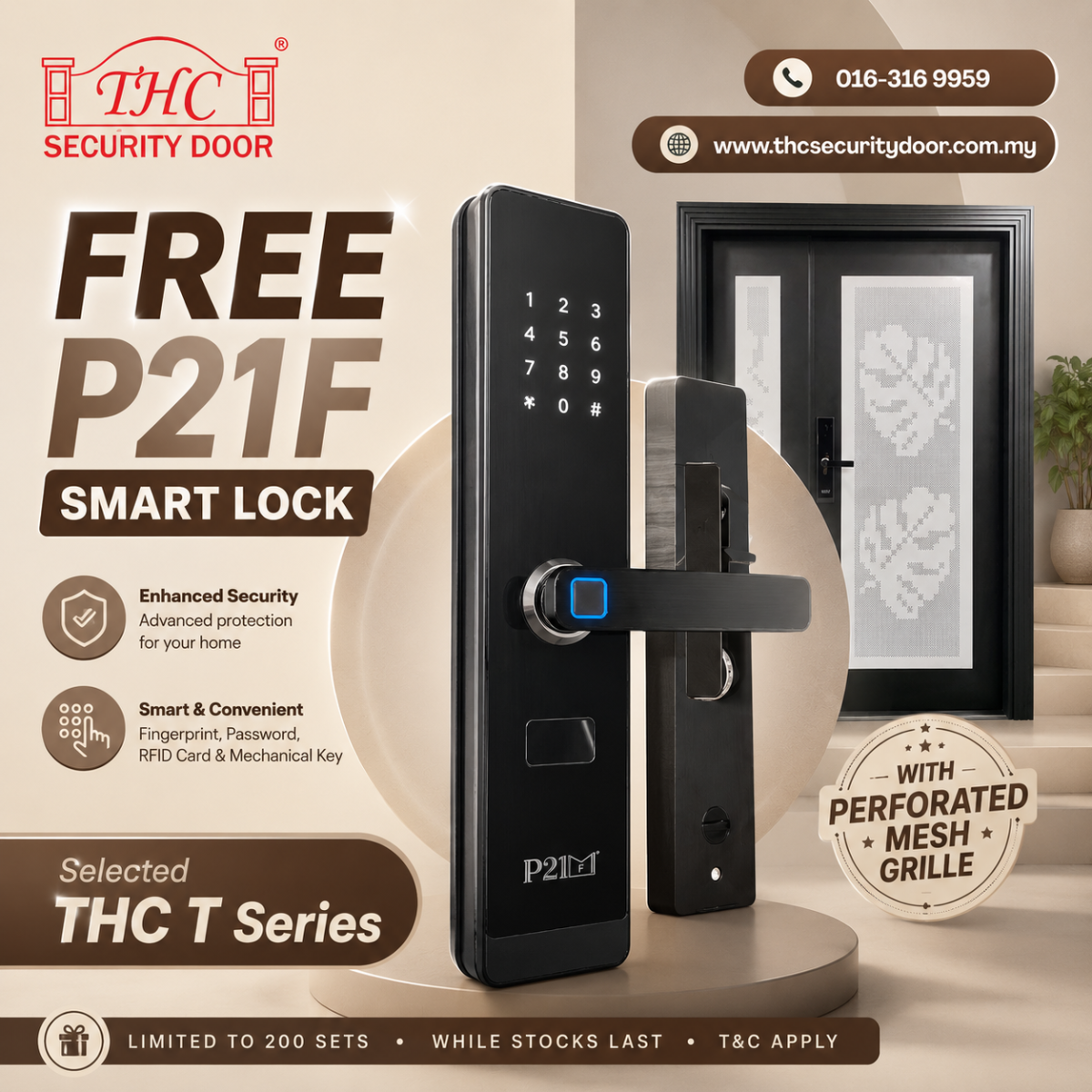 Free Smart Lock with THC T series Mesh Security Door