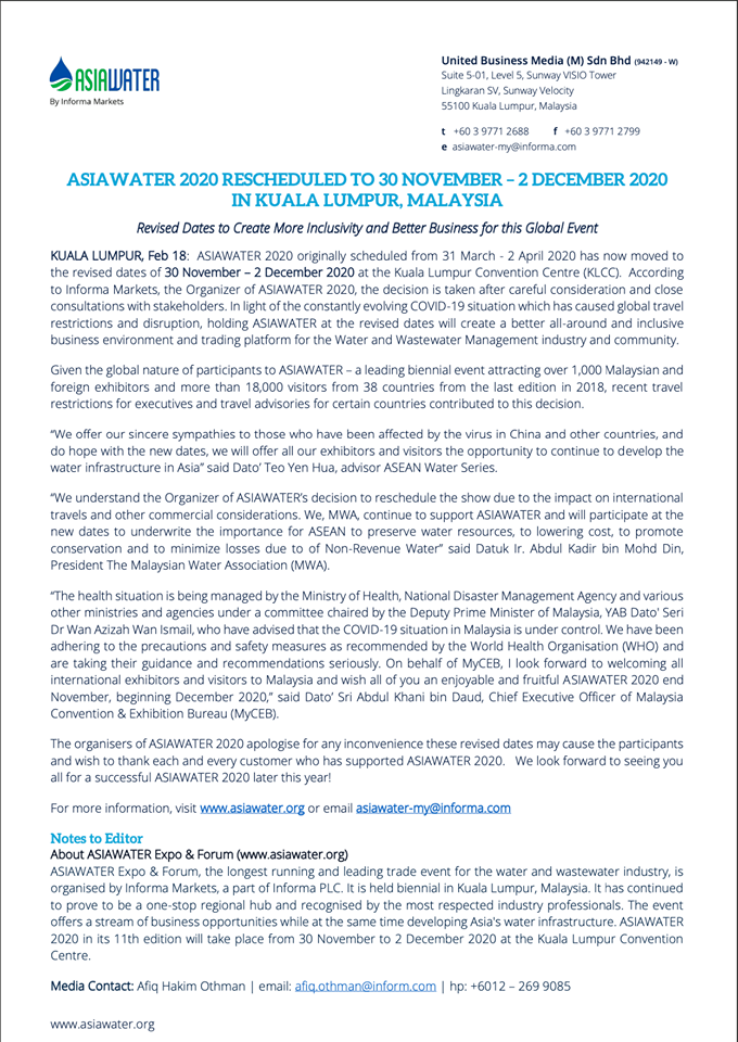 ASIAWATER 2020 RESCHEDULED TO 30 NOVEMBER �C 2 DECEMBER 2020 IN KUALA LUMPUR, MALAYSIA