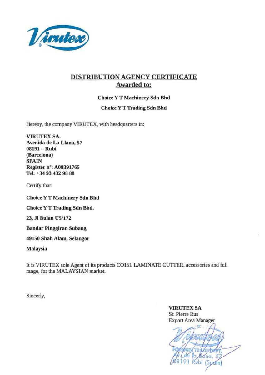 Distribution Agency Certificate - Virutex Distributor in Malaysia