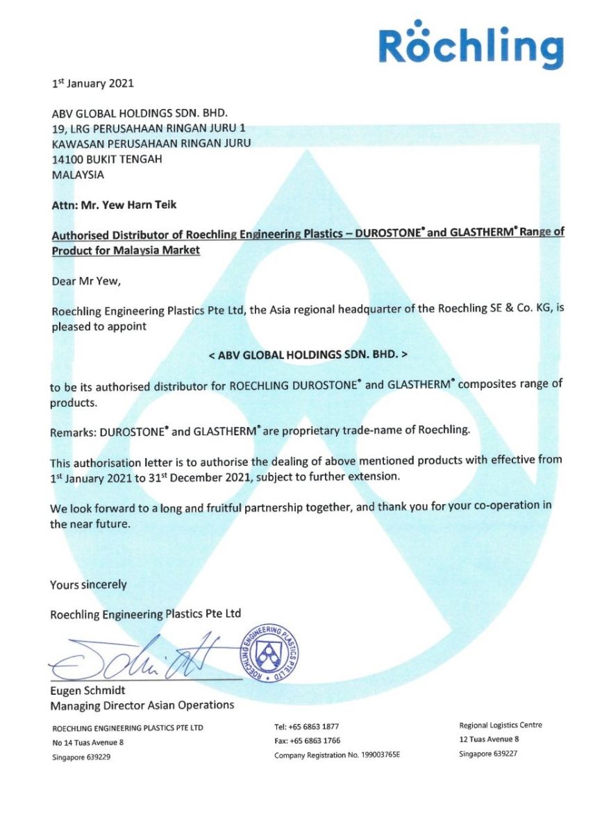 Letter of Authorized Distributor of ROECHLING Engineering Plastics