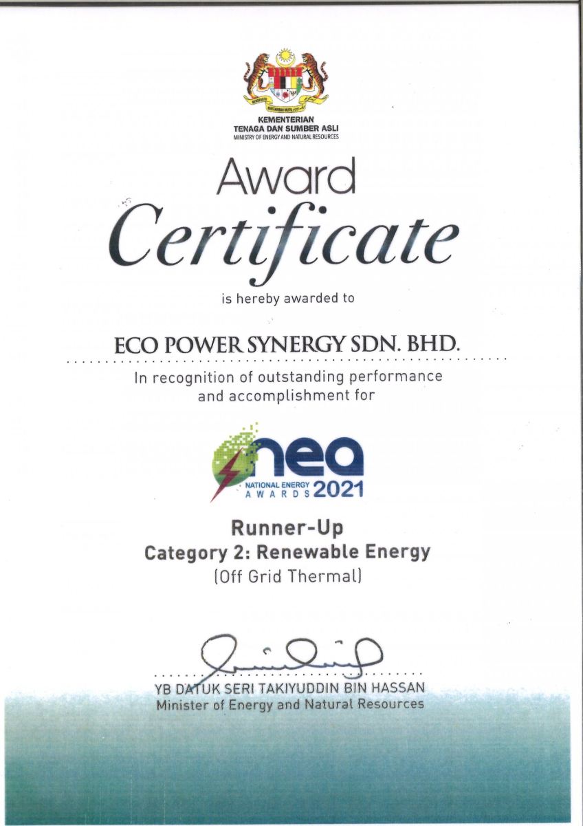 Eco Power Synergy Sdn Bhd have awarded NEA 2021 Category 2: Renewable Energy (Off Grid Thermal)