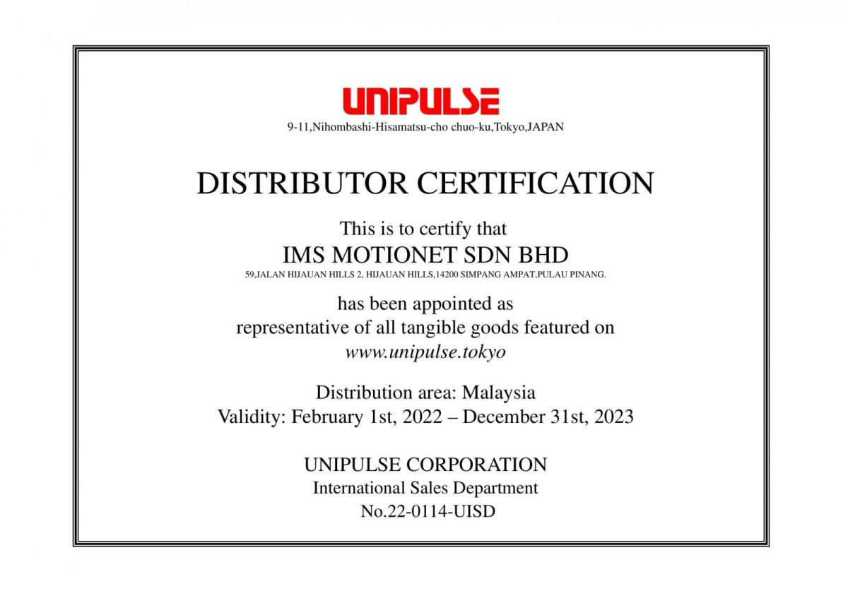 UPDATED iMS Motionet Sdn Bhd been appointed as Distributor in Malaysia by UNIPULSE CORPORATION JAPAN