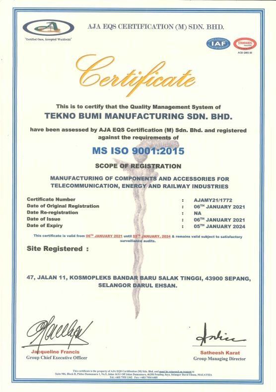 TEKNO BUMI MANUFACTURING, RECEIVED THE ISO 9001 CERTIFICATED