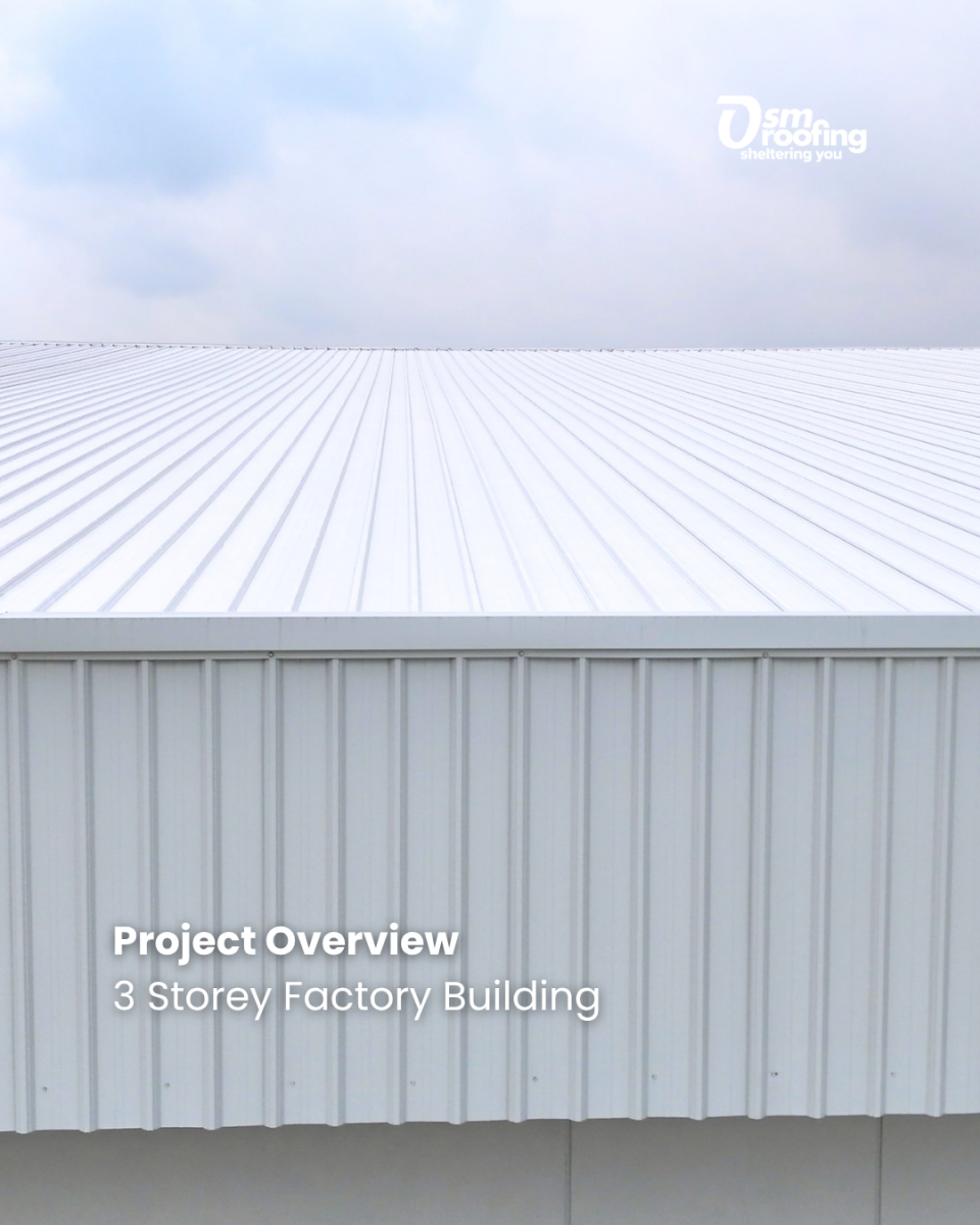 Finished with HICONDEK ��40 Clip Lock roofing in Signal White, manufactured using Primero material, the 3 Storey Factory Building now stands with a clean, modern appearance designed for long-term performance.