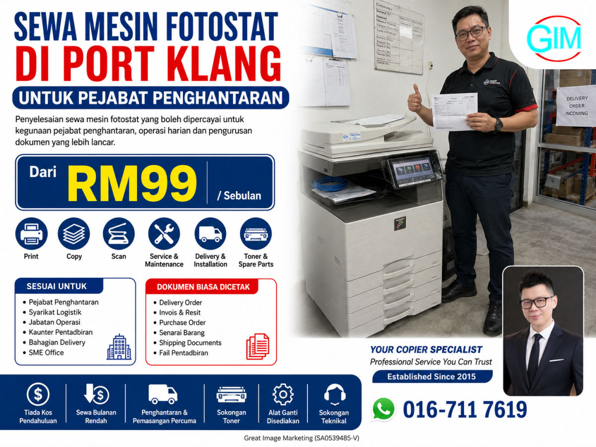 Sewa Mesin Fotostat di Port Klang untuk Pejabat Penghantaran | Copier Rental Selangor