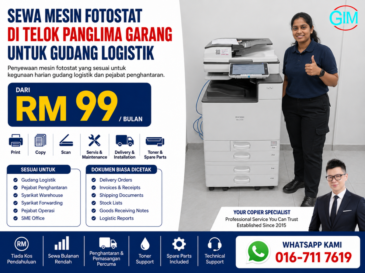 Sewa Mesin Fotostat di Telok Panglima Garang untuk Gudang Logistik | Copier Rental Selangor