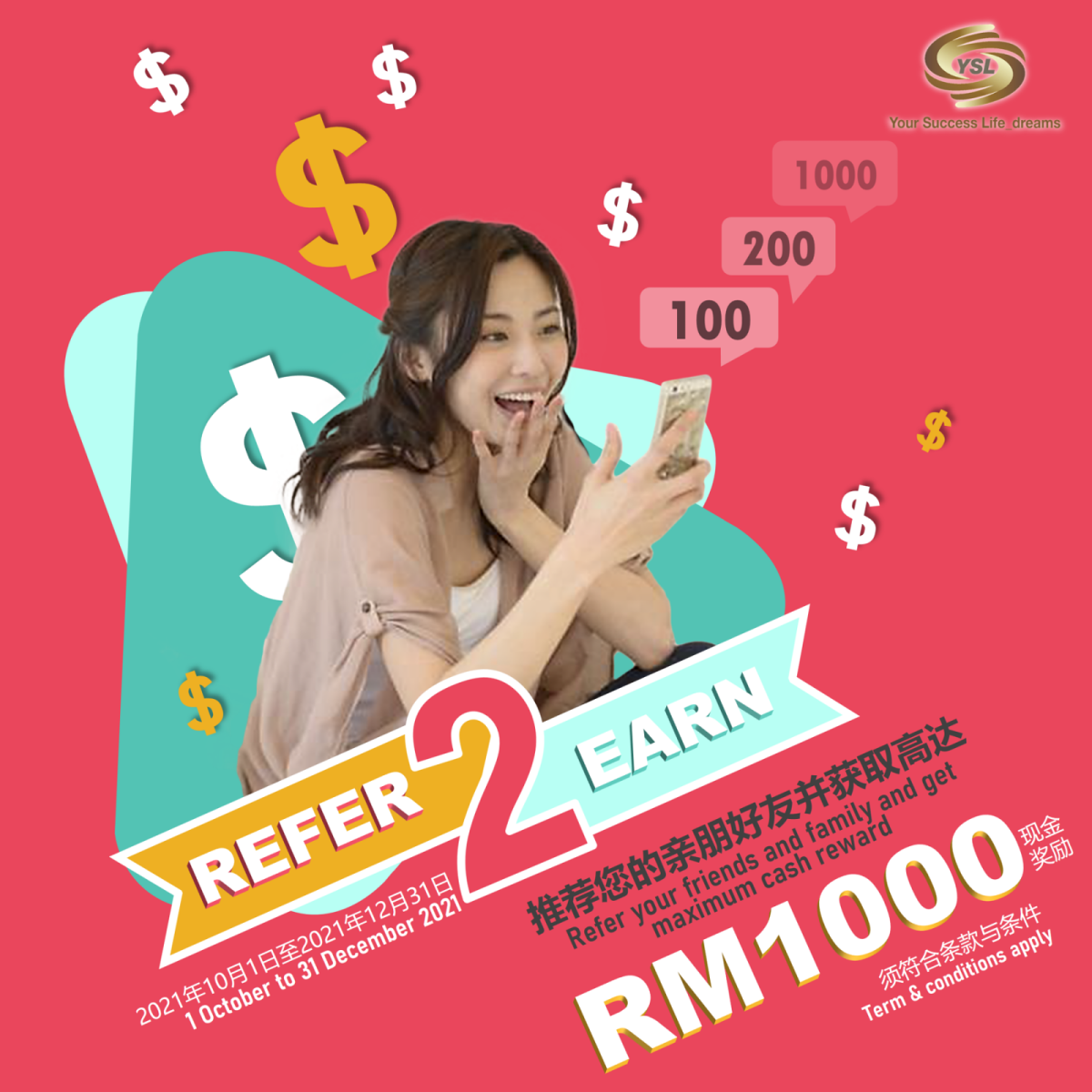 Refer2Earn - Refer your friends and family and get rewarded up to RM1,000 cash reward!