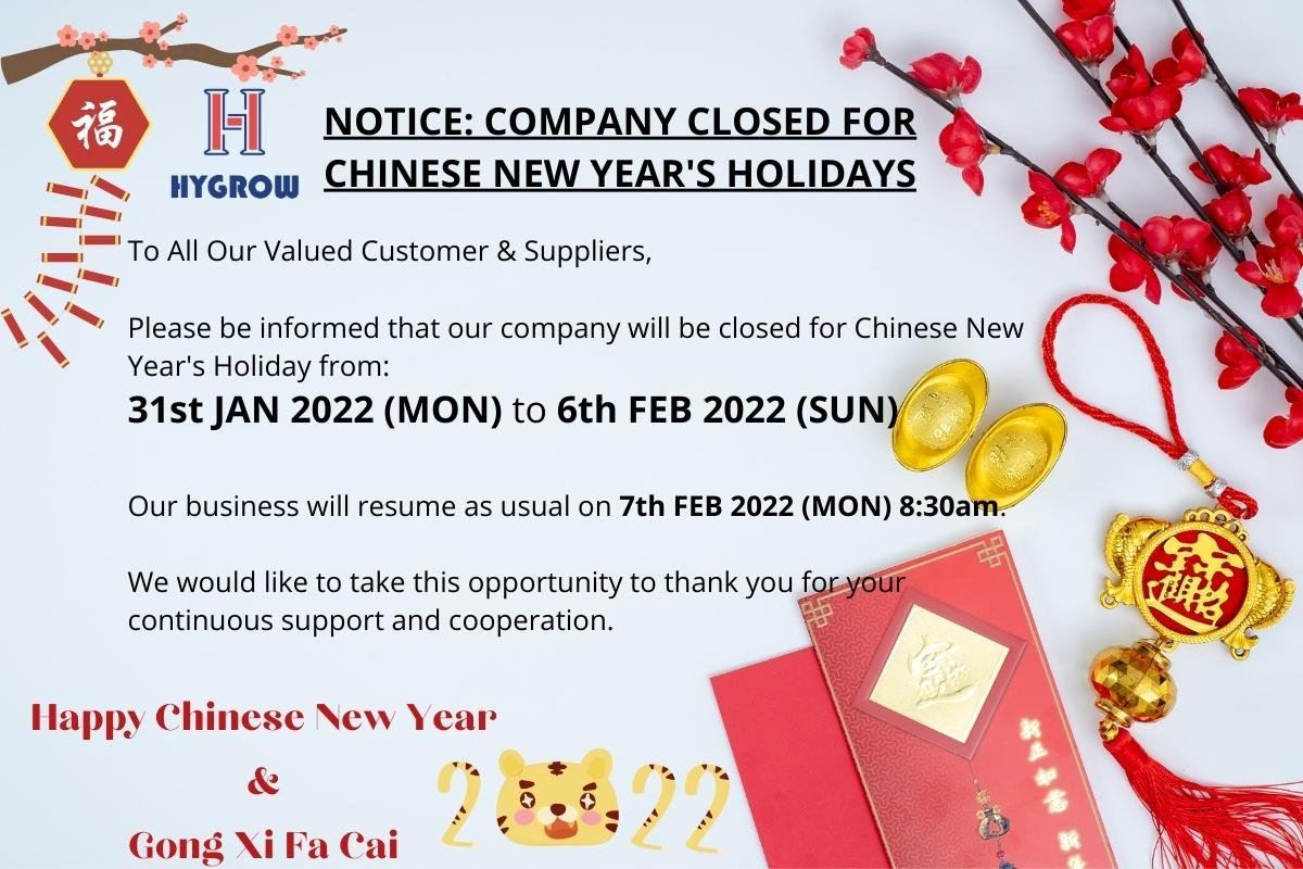 NOTICE: Company Closed for CNY's Holidays