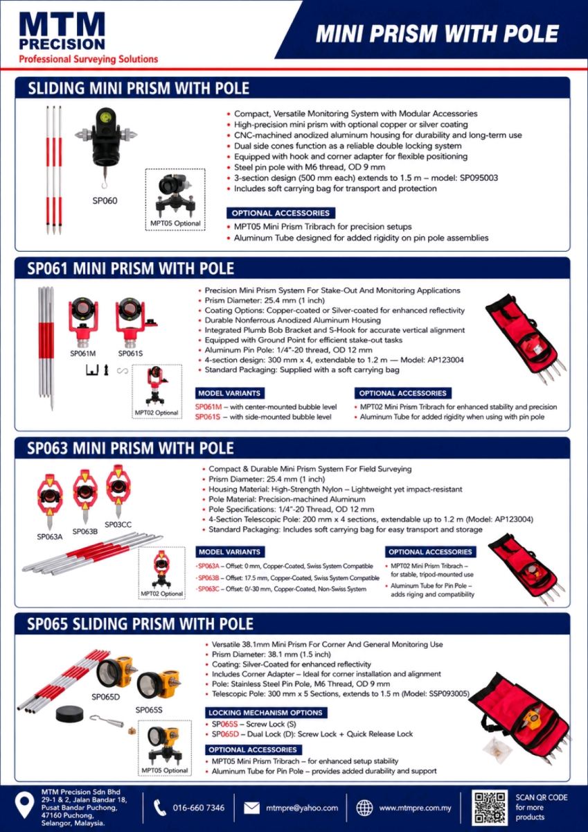 MTM Mini Prism with Pole | Sliding Mini Prism | Survey Prism Pole | Stake Out Prism | Monitoring Prism Malaysia
