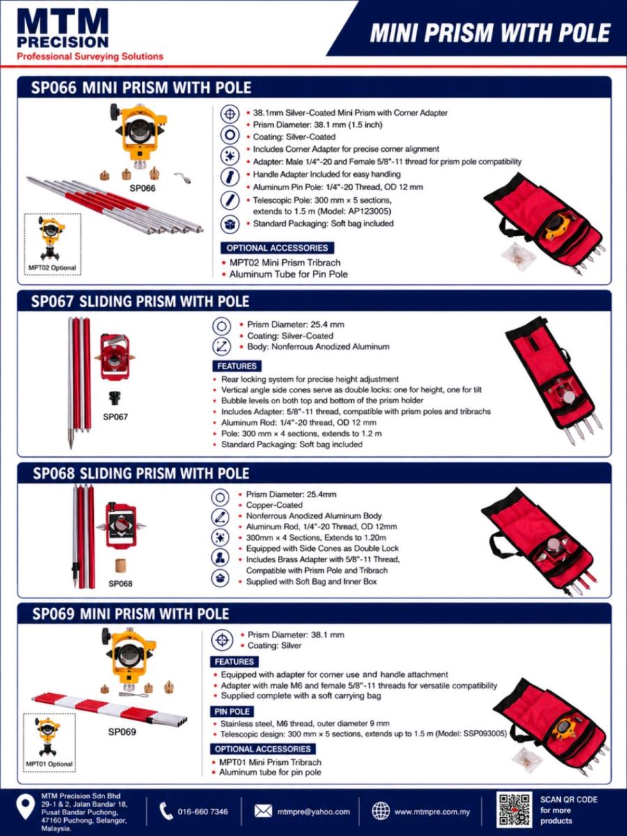 MTM Mini Prism with Pole | Sliding Survey Prism | Monitoring Prism Pole | Total Station Prism Malaysia