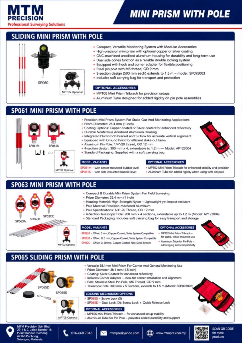 MTM Mini Prism with Pole | Sliding Mini Prism | Survey Prism Pole | Stake Out Prism Malaysia