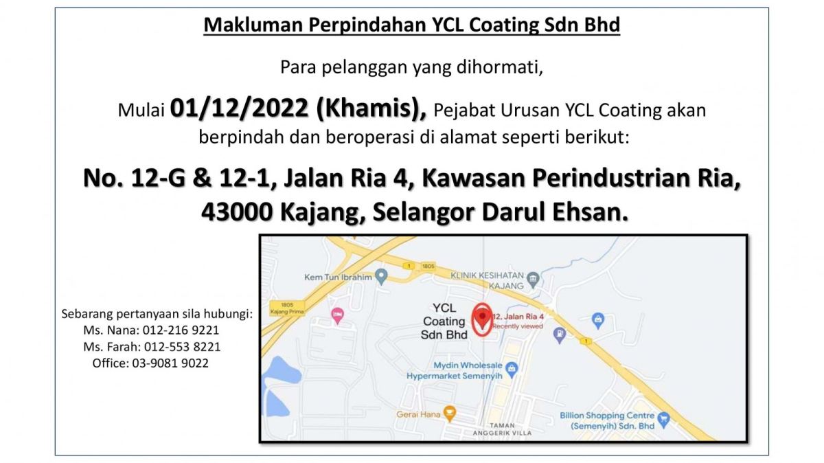 Makluman Perpindahan YCL Coating Sdn Bhd