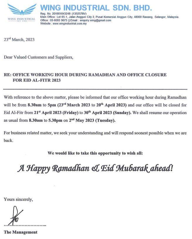 MEMO : OFFICE WORKING HOUR DURING RAMADHAN AND OFFICE CLOSURE FOR EID AL-FITR 2023