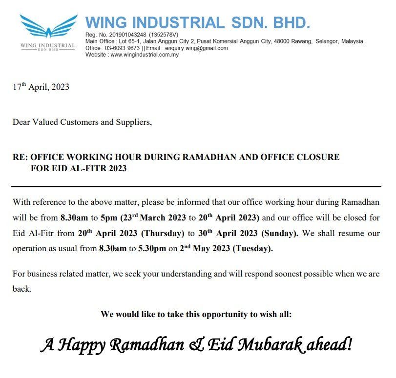 REVISED MEMO : OFFICE WORKING HOUR DURING RAMADHAN AND OFFICE CLOSURE FOR EID AL-FITR 2023