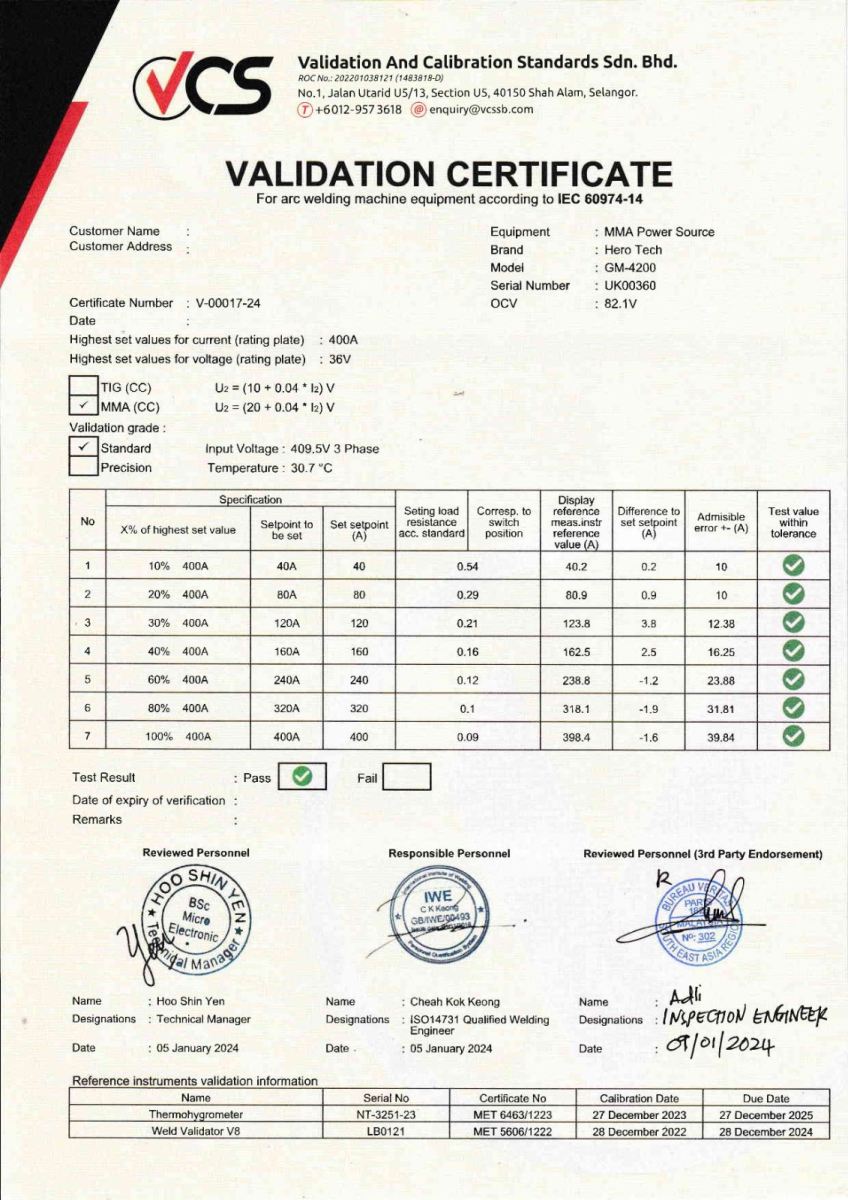 Welding Machine Validation Certificate 