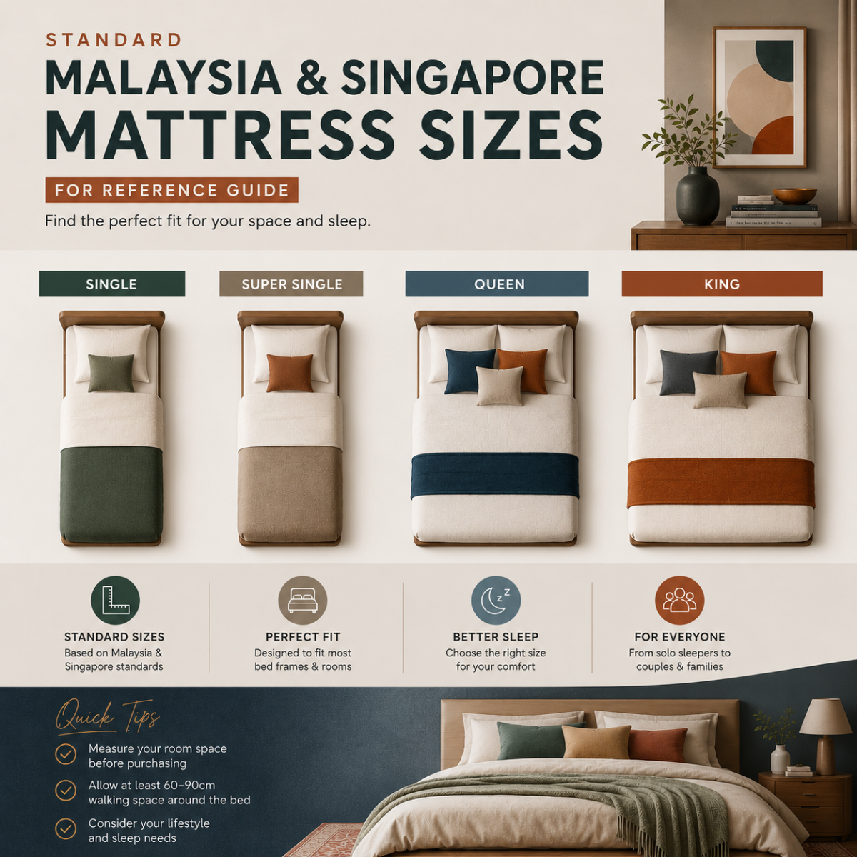 Standard Mattress Sizes in Malaysia & Singapore: Single, Super Single, Queen, King & Super King Guide