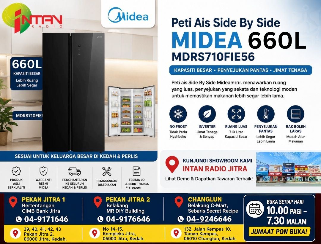 Peti Ais Side By Side Midea 660L MDRS710FIE56 Untuk Keluarga Besar di Kedah