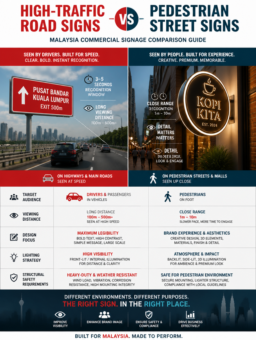 High-Traffic vs Pedestrian Street Signs��Malaysia Commercial Sign Guide
