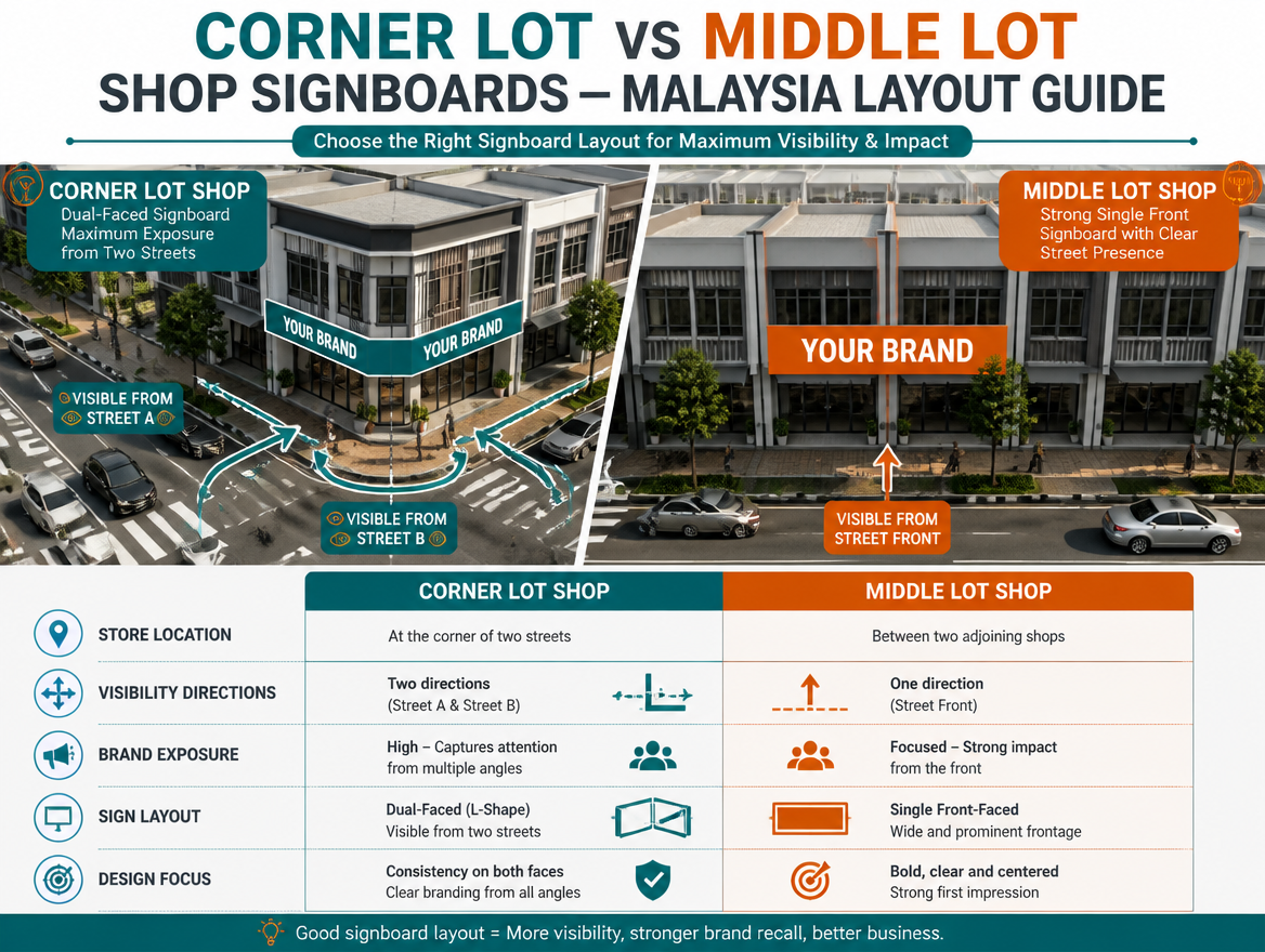Corner Lot vs Middle Lot Signboards: Malaysia Shop Sign Design & Layout Guide