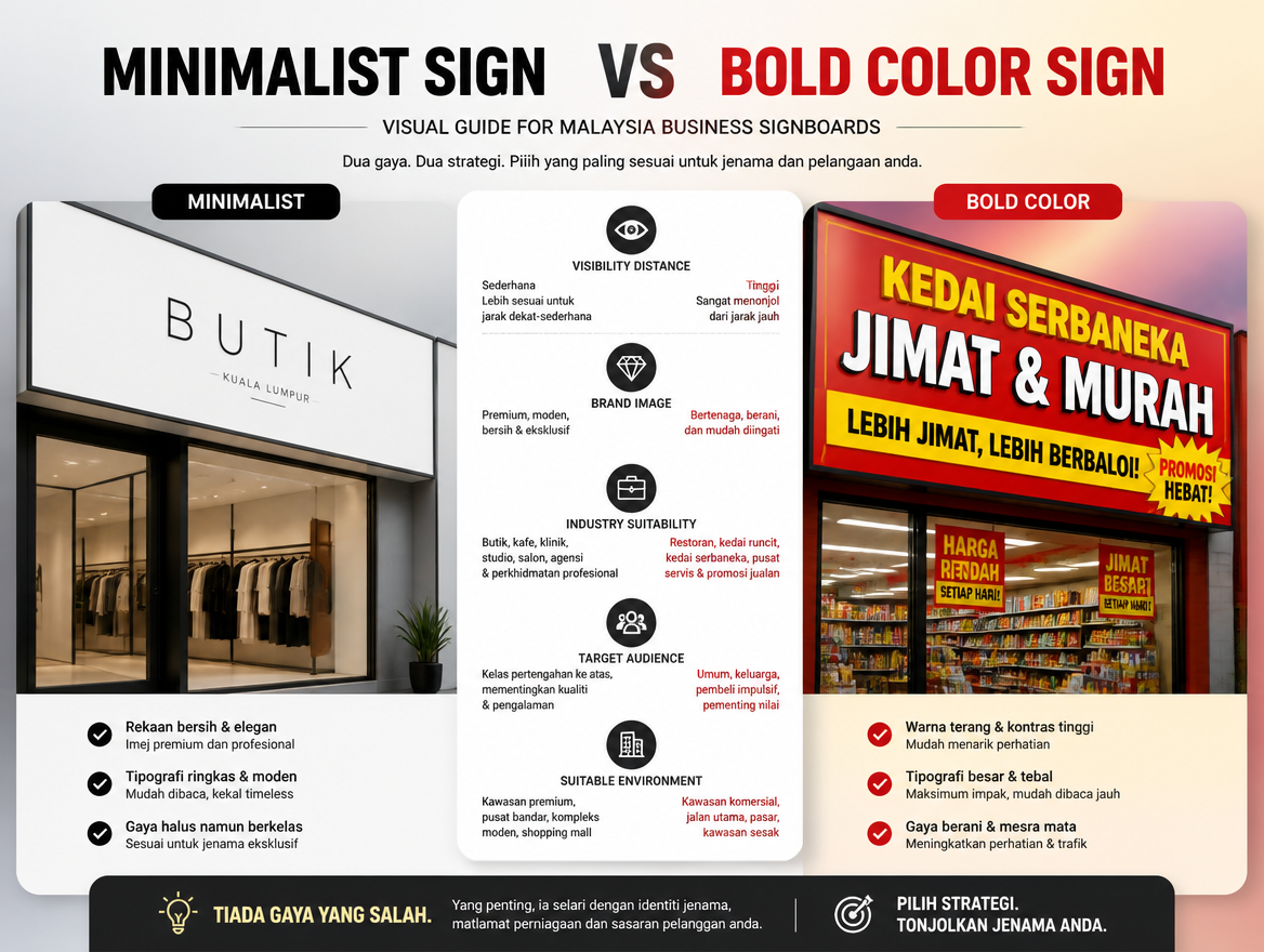 Minimalist Sign vs Bold Color Sign | Visual Guide for Malaysia Business Signboards