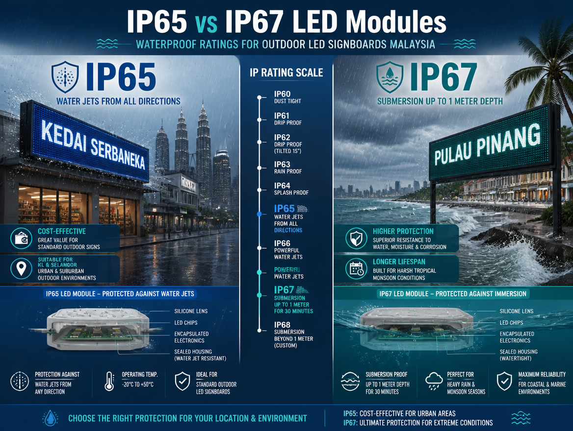 IP65 vs IP67 LED Modules: Waterproof Ratings for Outdoor LED Signboards