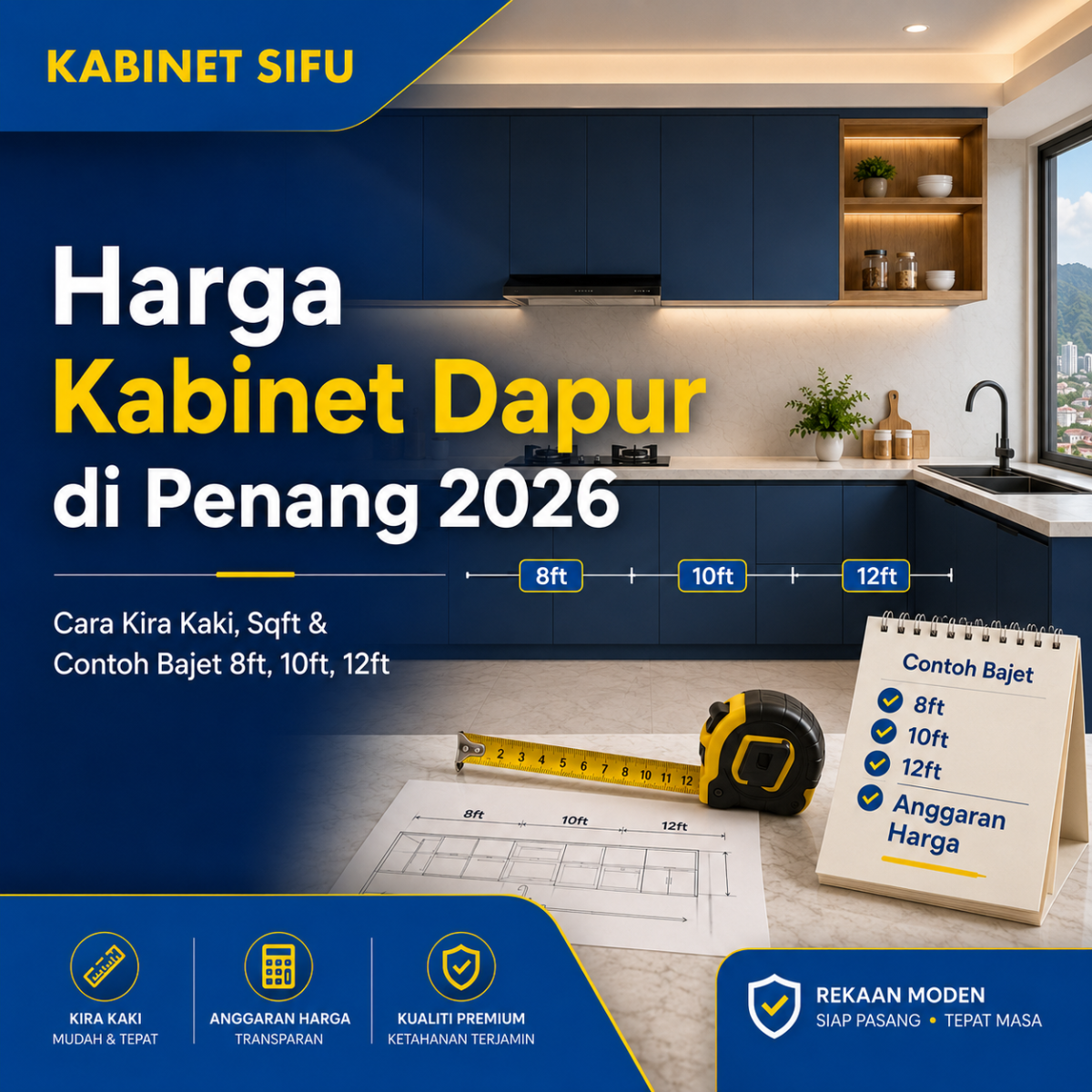Harga Kabinet Dapur di Penang 2026: Cara Kira Kaki, Sqft dan Contoh Bajet 8ft, 10ft, 12ft
