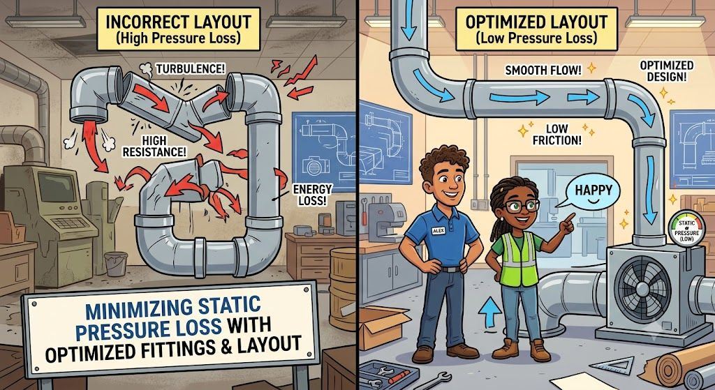 Minimizing Static Pressure Losses with Optimized Duct Fittings and Layouts