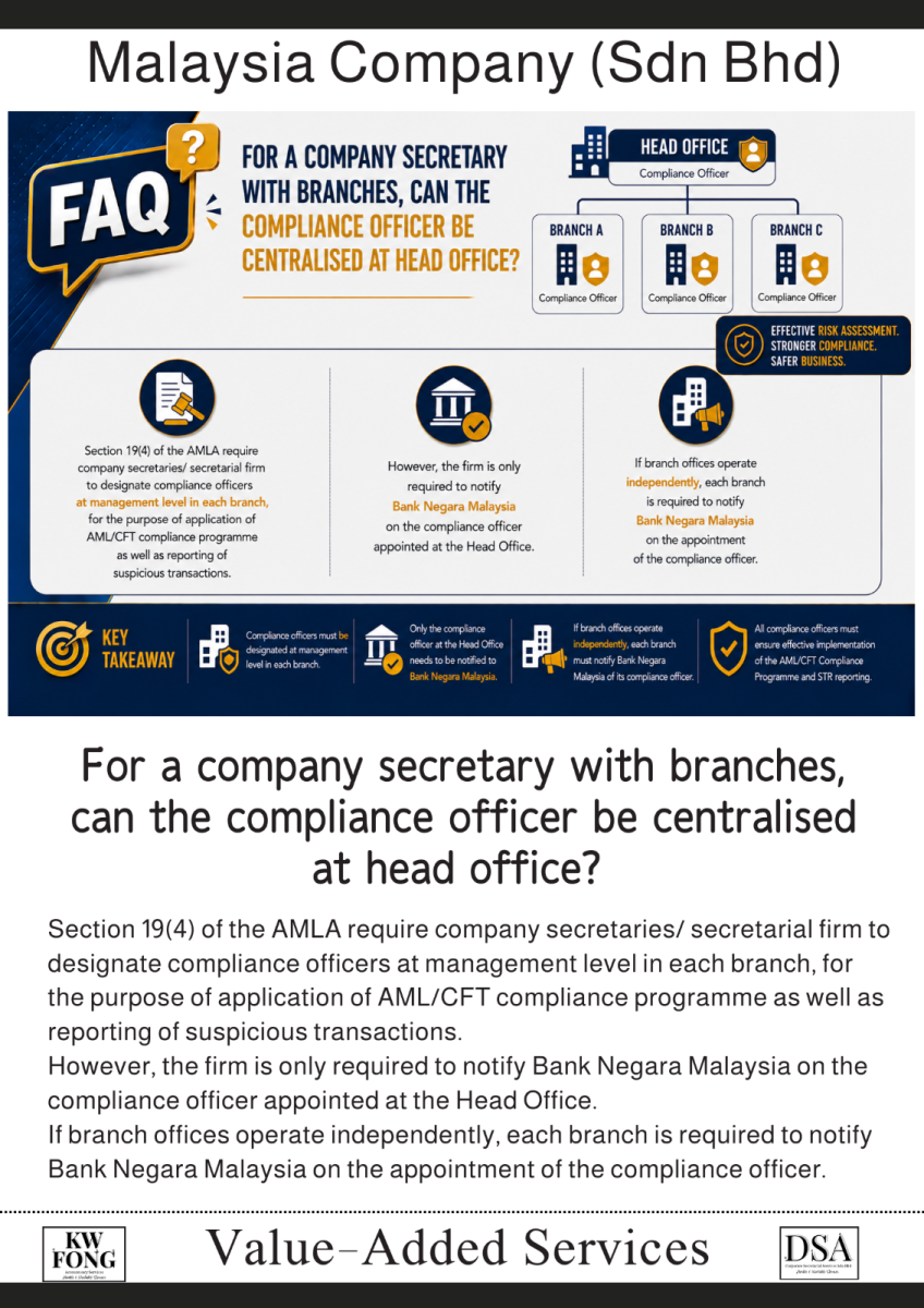 For a company secretary with branches, can the compliance officer be centralised at head office? ��������ж�����У�Branches���Ĺ�˾�������������Ϲ�٣�Compliance Officer���Ƿ���Լ��������ܲ���Head Office���� 