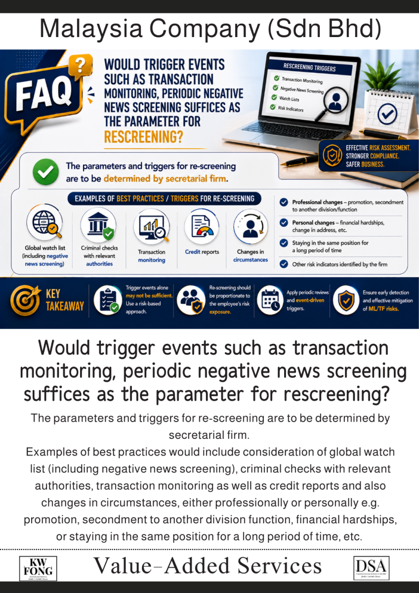 Would trigger events such as transaction monitoring, periodic negative news screening suffices as the parameter for rescreening?交易监察（Transaction Monitoring）或定期负面新闻筛查（Periodic Negative News Screening）是否足以作为员�