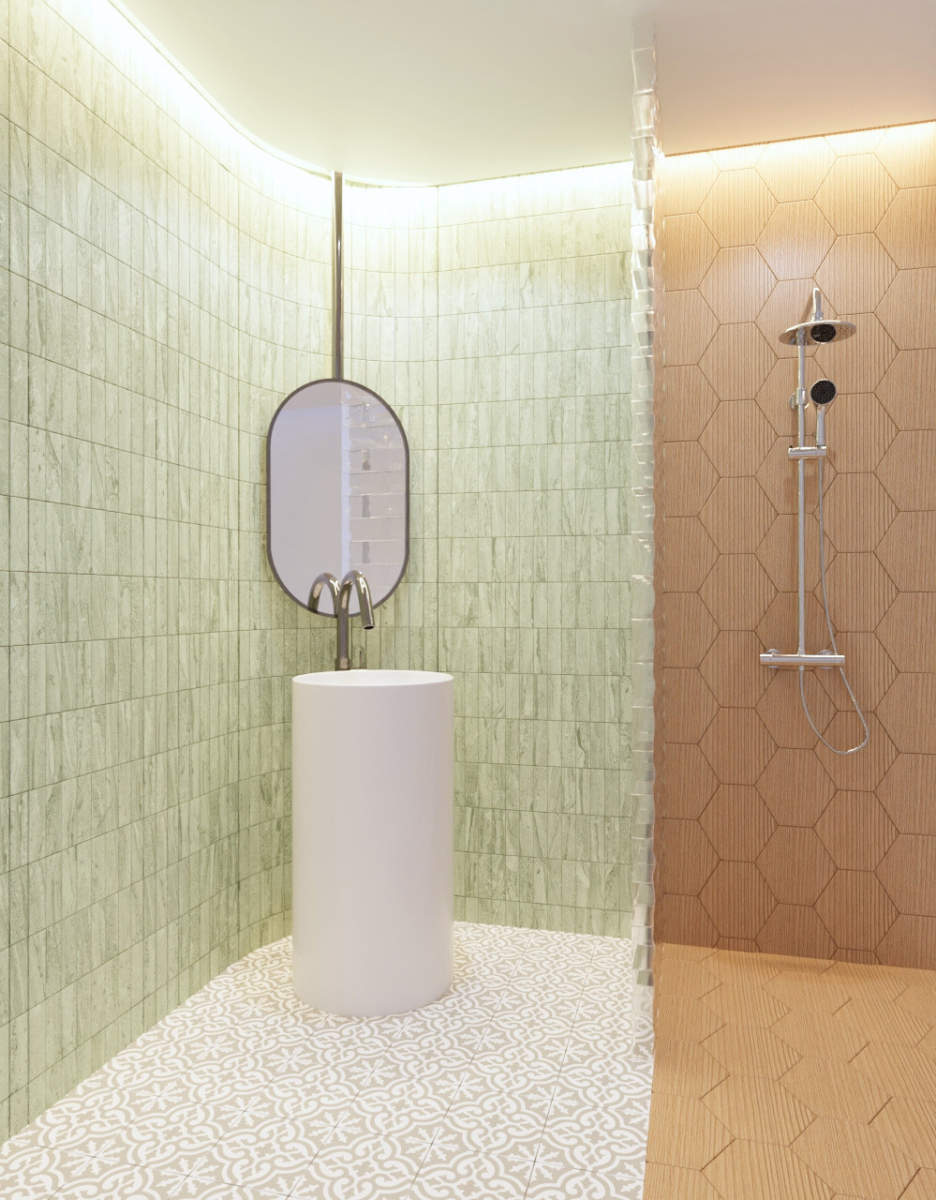 Modern Scandinavian Bathroom with Wood Look Tiles