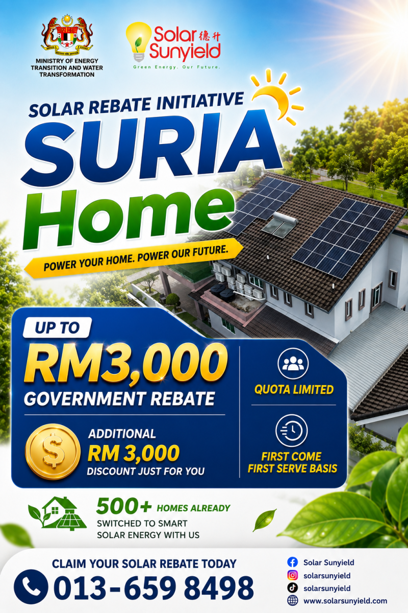 Solar Rebate Initiative (SuRIA Home): Claim Up to RM3,000 Government Rebate for Your Home Solar System in Malaysia