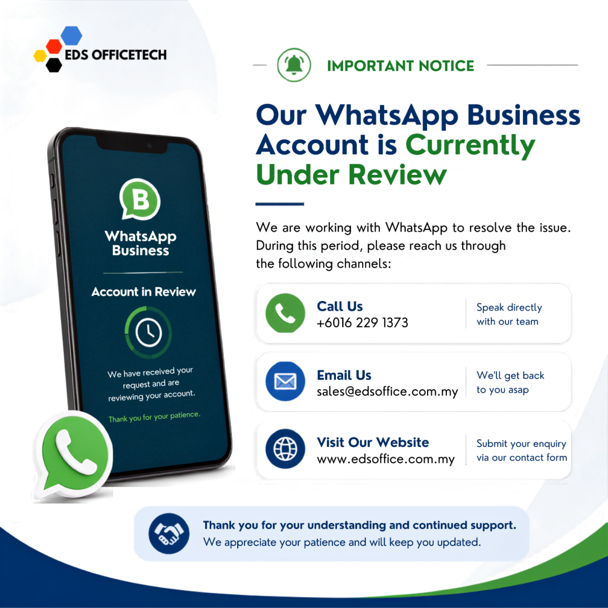 Important Notice: Temporary Unavailability of Our WhatsApp Business Account