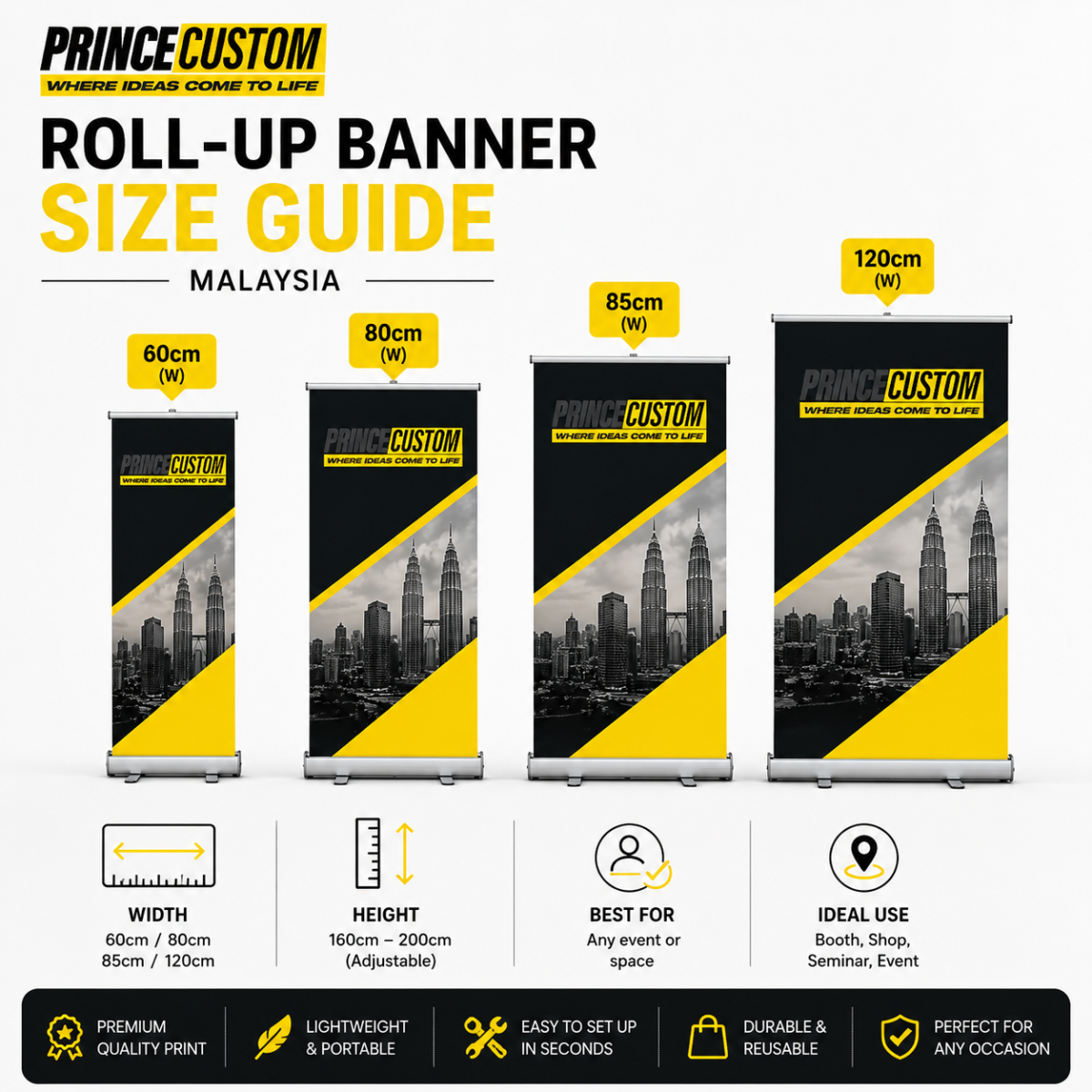 Roll-Up Banner Size Guide Malaysia | 60cm, 80cm, 85cm & 120cm