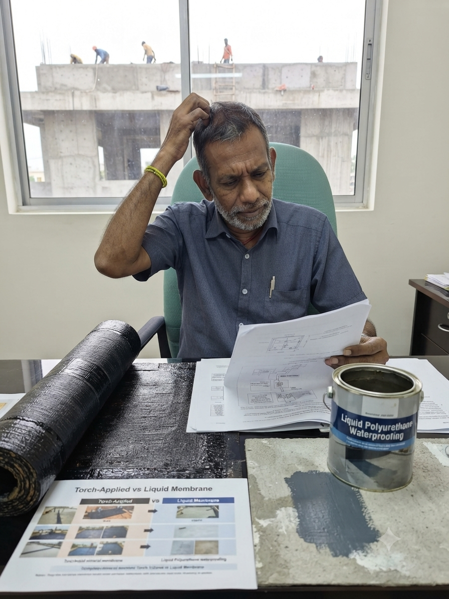 WHAT CRITERIA SHOULD BE USED TO EVALUATE AND SELECT BETWEEN A TORCH-APPLIED BITUMINOUS MEMBRANE AND A LIQUID-APPLIED WATERPROOFING SYSTEM?