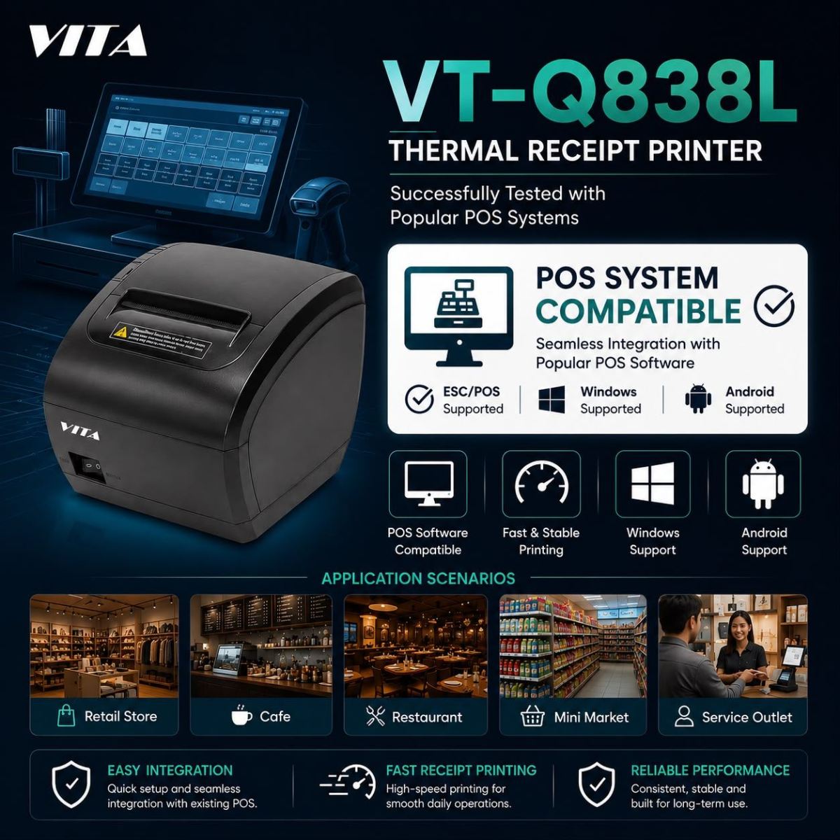VT-Q838L Thermal Receipt Printer Compatible with Popular POS Systems