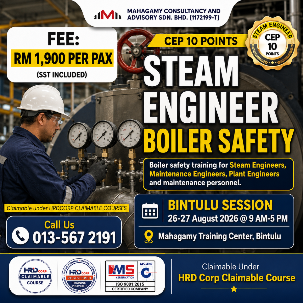Steam Engineer Boiler Safety, 26&27 August 2026, CEP 10 Point, Bintulu