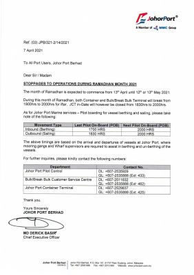 JPB - STOPPAGES TO OPERATIONS DURING RAMADHAN MONTH 2021