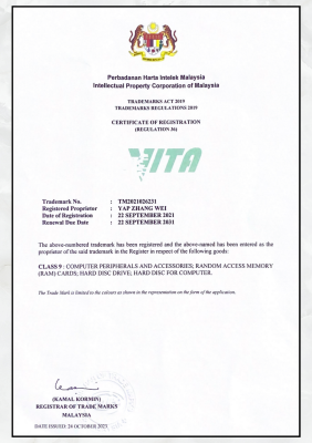 VITA Brand Trademarks Certificate