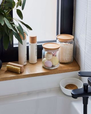 Opt for originality in your bathroom with our Pure Jar Wood Collection.   #Original #Glass #Wood #storage