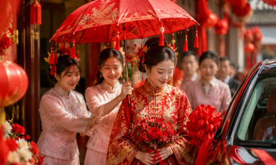 A Red Umbrella Carries the Blessings of a Chinese Wedding