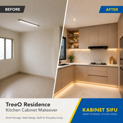 Transformasi Sebelum & Selepas Kabinet Dapur di TreeO Residence, Sungai Ara, Penang