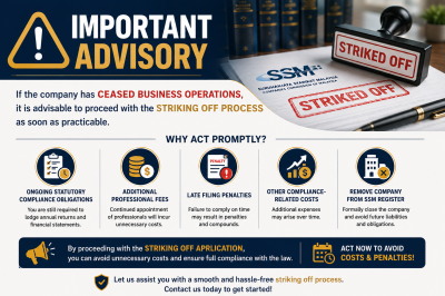 If your company is no longer active in operation, we strongly recommend that you proceed with the striking off process at the earliest opportunity. 若贵公司已停止营业或不再进行任何业务活动，我们强烈建议贵公司尽早办理公�