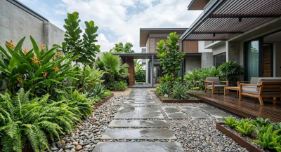 How to create a low-maintenance, modern tropical garden in a hot and rainy climate?