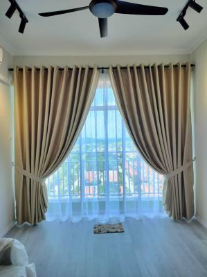 Install Blackout Curtain and Lace Curtain with Wooden Rod for 3 Panel Sliding Door&Sliding Window at BSP Skypark, Bandar Saujana Putra, Klang, Shah Alam, Puchong, Putrajaya, Dengkil, Subang Jaya.