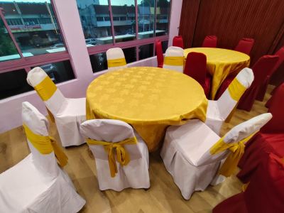 Pemasangan Sarung Kerusi dan Skirting Meja untuk dewan; Jln Bayu Tinggi 8, Bandar Bukit Tinggi, 41200 Klang, Selangor