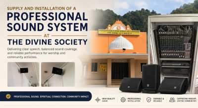 Pembekalan dan pemasangan sistem bunyi profesional di The Divine Society bagi memastikan kejelasan suara, liputan bunyi sekata dan operasi yang stabil untuk aktiviti ibadat dan komuniti.